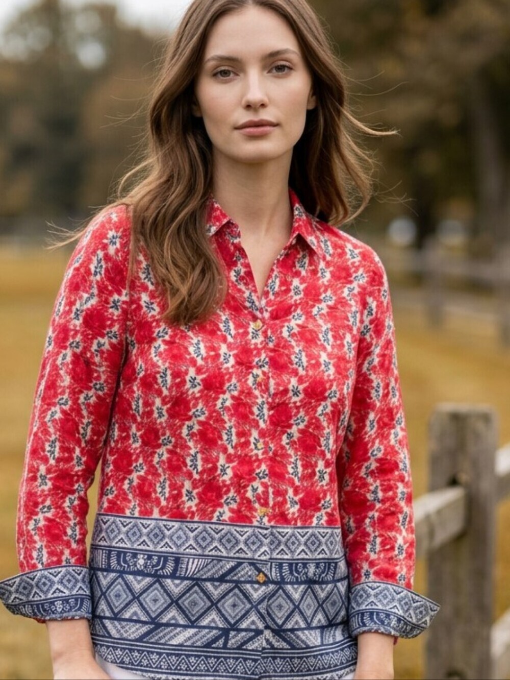 Women's Linen Charter Club Luxury Red & Navy Floral Boho Button Down Shirt L